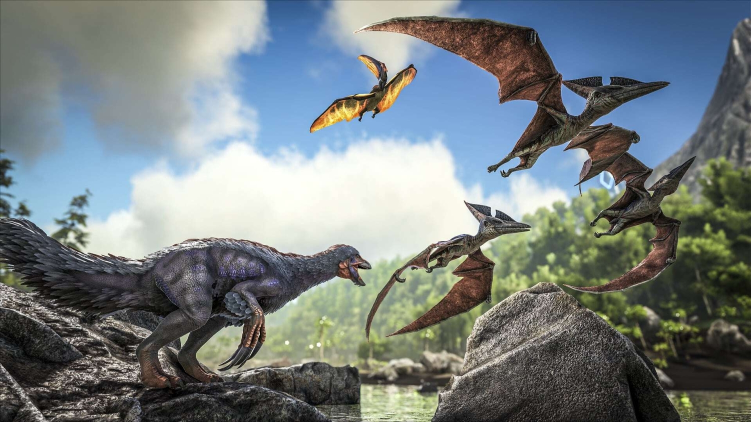 A feathered dinosaur facing a group of flying pterosaurs above a rocky riverbank under a blue sky