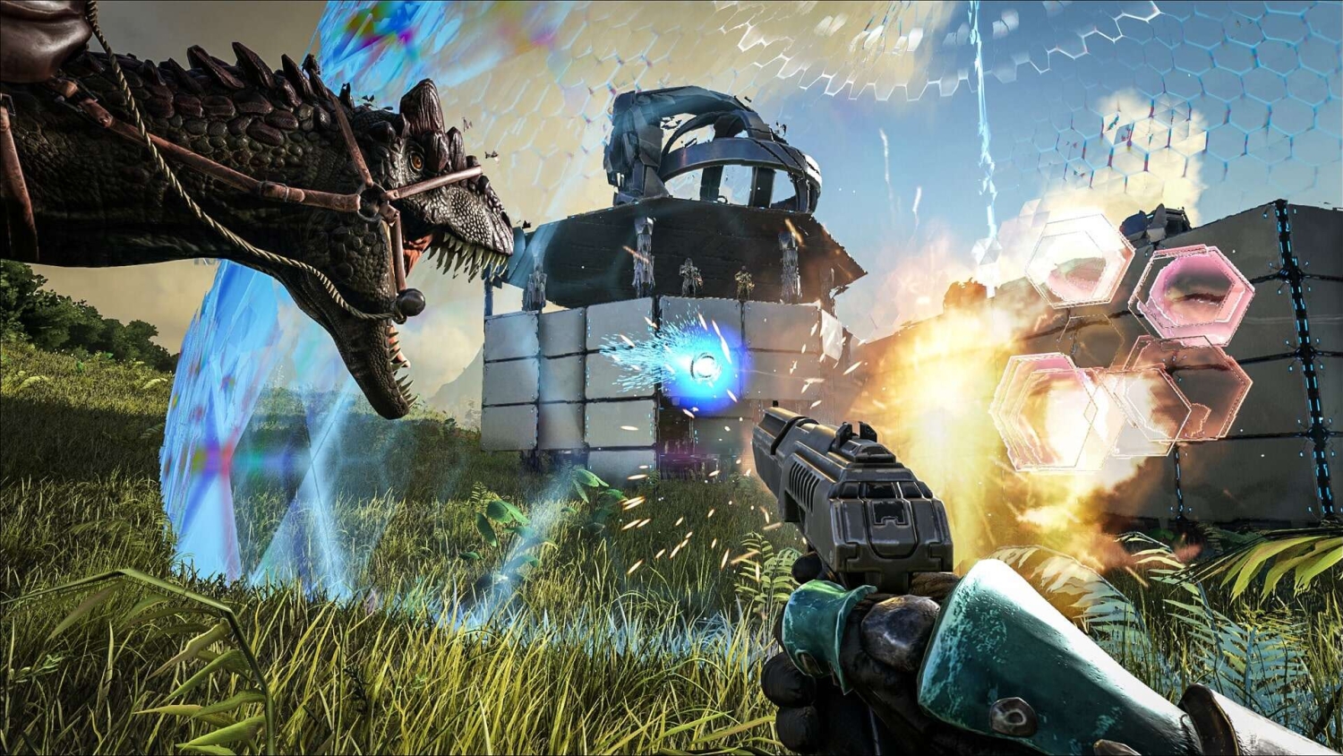 First-person shooting at a futuristic shielded structure with a dinosaur nearby in a grassy environment
