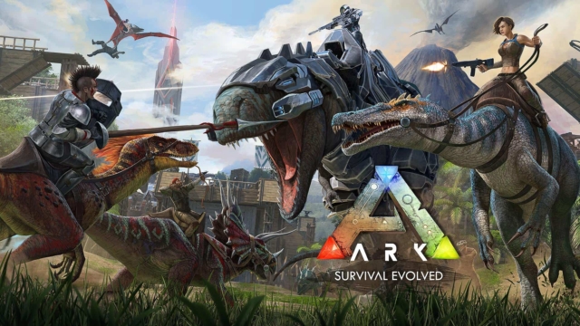Characters riding dinosaurs and engaging in combat with weapons in a prehistoric-futuristic setting