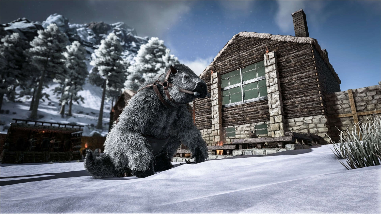 Large furry creature with a boar-like face standing near a wooden house in a snowy landscape