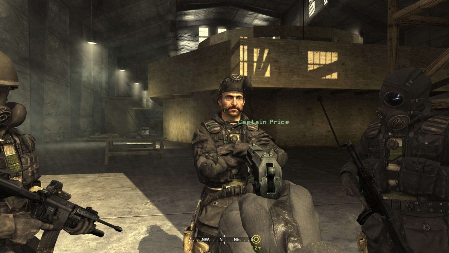 Soldier Captain Price speaking to player holding pistol inside dimly lit concrete warehouse