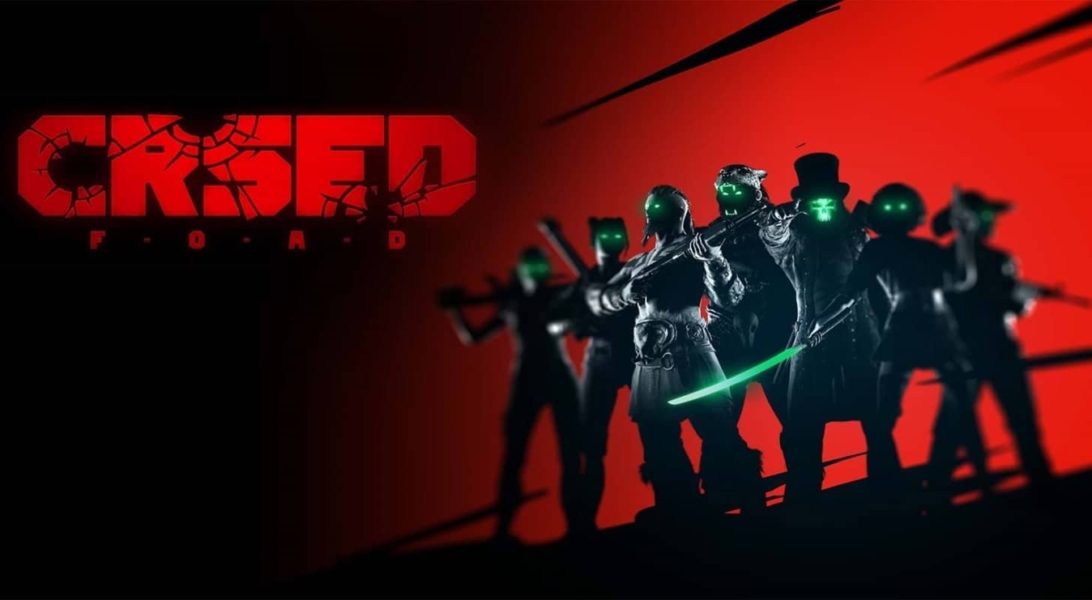 Silhouetted characters with glowing green eyes and weapons against a red background with CRSED F.O.A.D text
