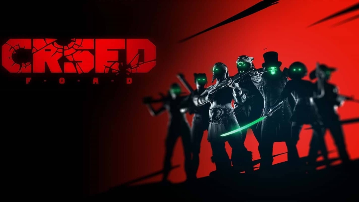 Silhouetted characters with glowing green eyes and weapons against a red background with CRSED F.O.A.D text