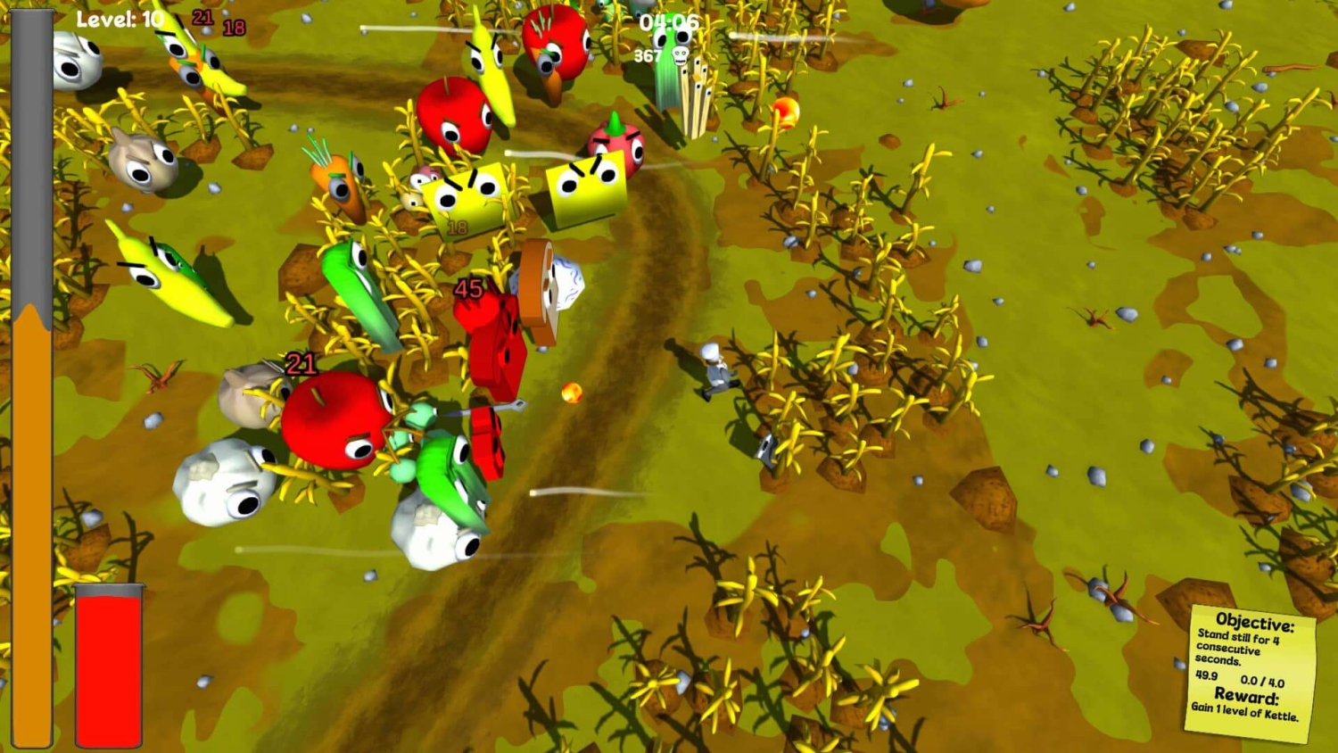 Character dodging food enemies Small character in chef outfit dodging animated food enemies in a bright cornfield path