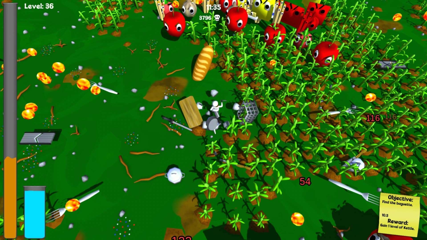 Top-down colourful video game level with animated crops and kitchen utensils scattered as obstacles