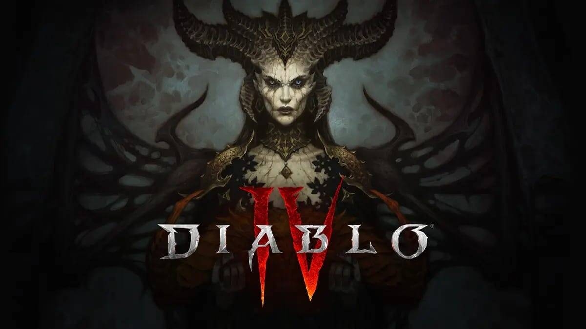 Dark fantasy female demon figure with horns and wings behind Diablo IV logo