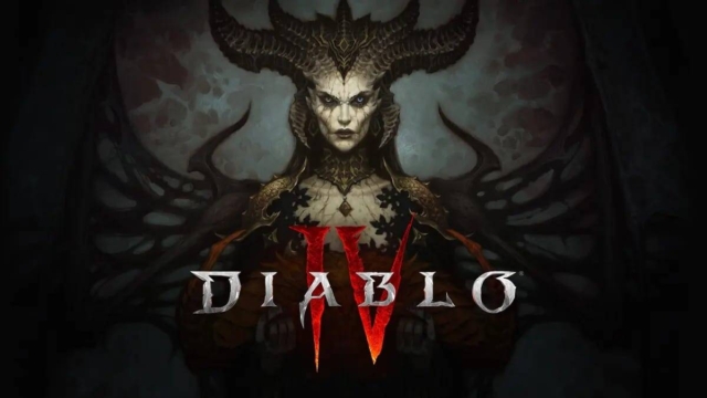 Dark fantasy female demon figure with horns and wings behind Diablo IV logo