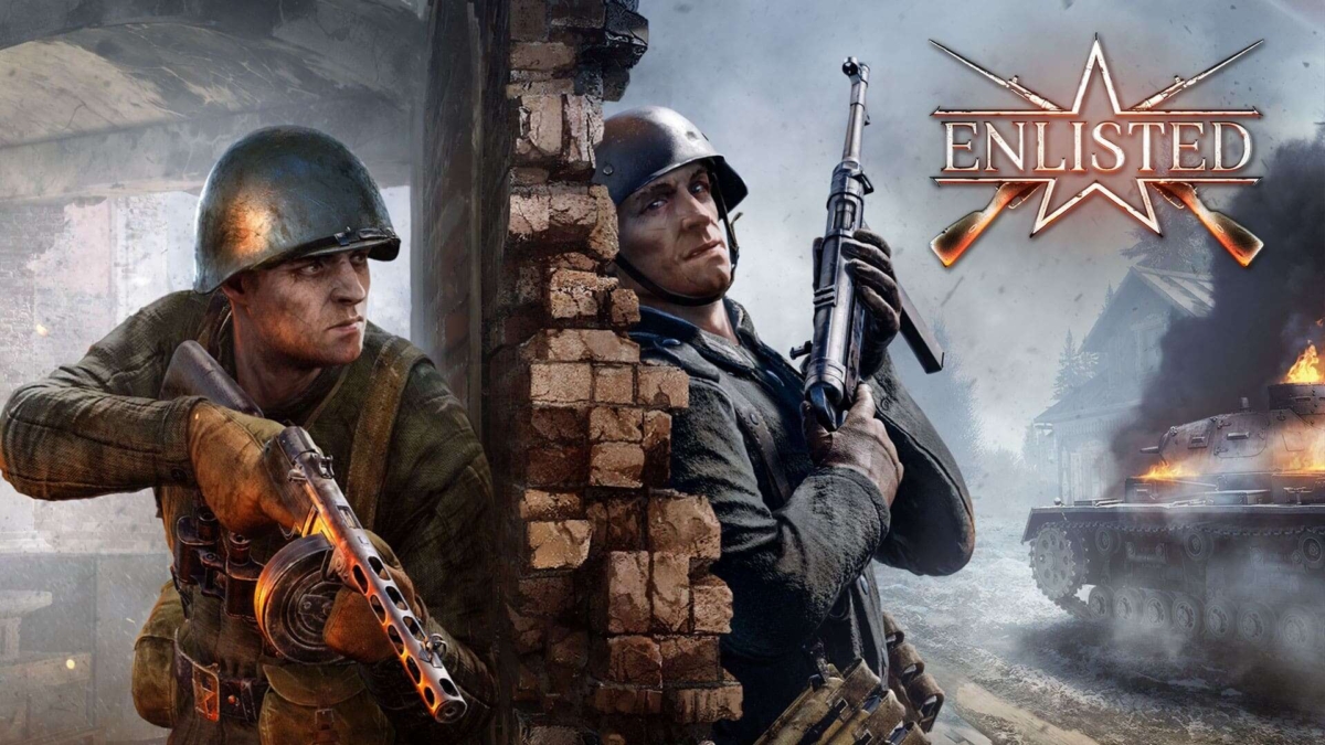 Two World War II soldiers in helmets crouch behind a ruined brick wall, one aiming a submachine gun, the other holding a rifle
