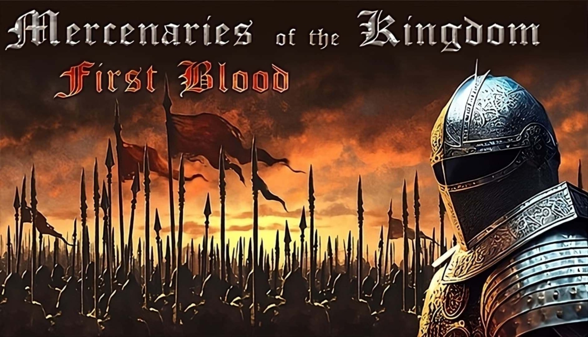 Knight in ornate medieval armour stands before a large army holding spears and flags at sunset