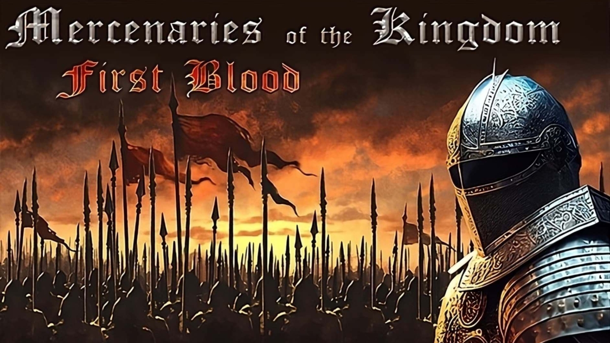 Knight in ornate medieval armour stands before a large army holding spears and flags at sunset