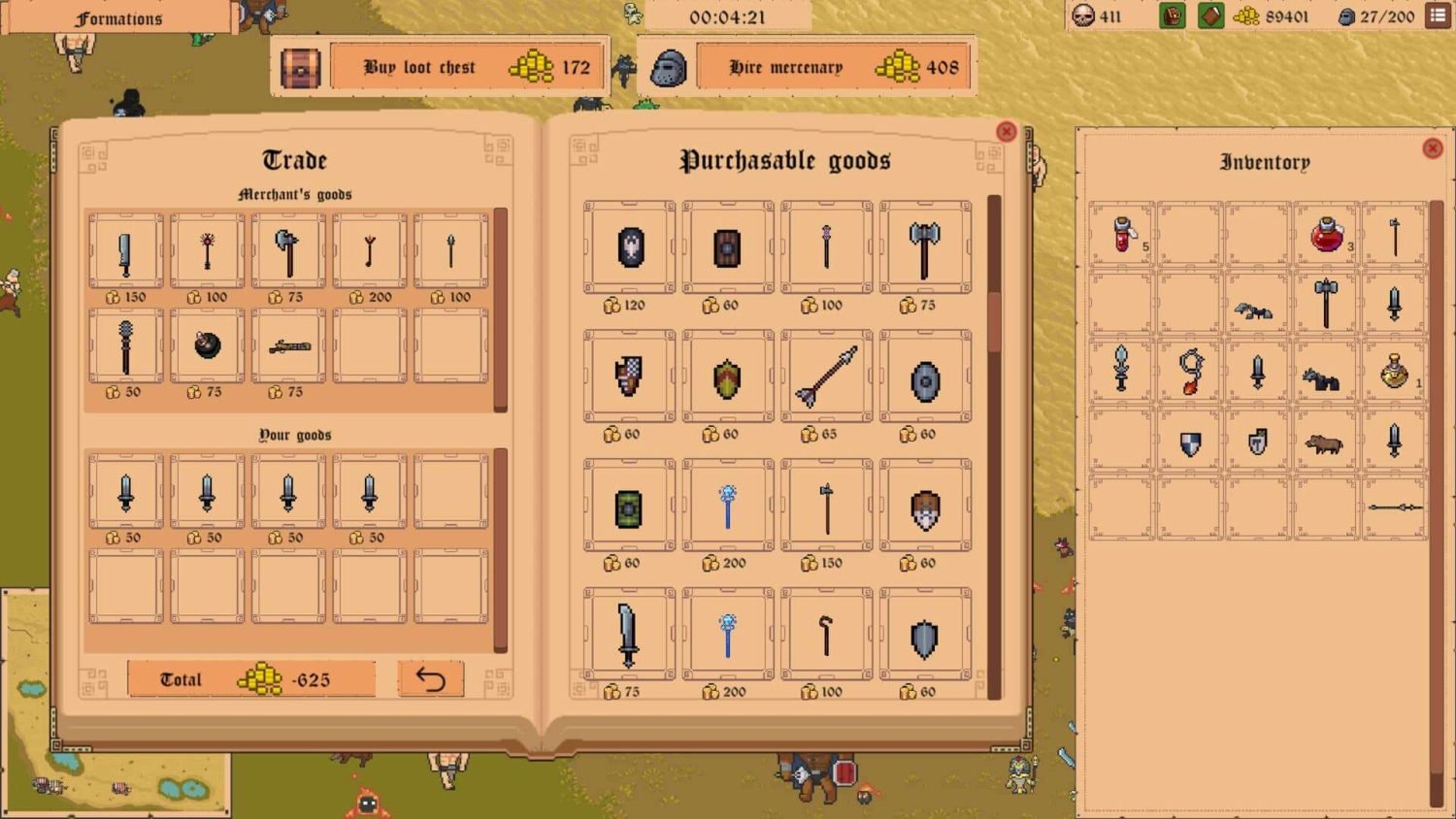 Open trade and inventory menus displaying purchasable weapons, items, and gold costs in pixel art style