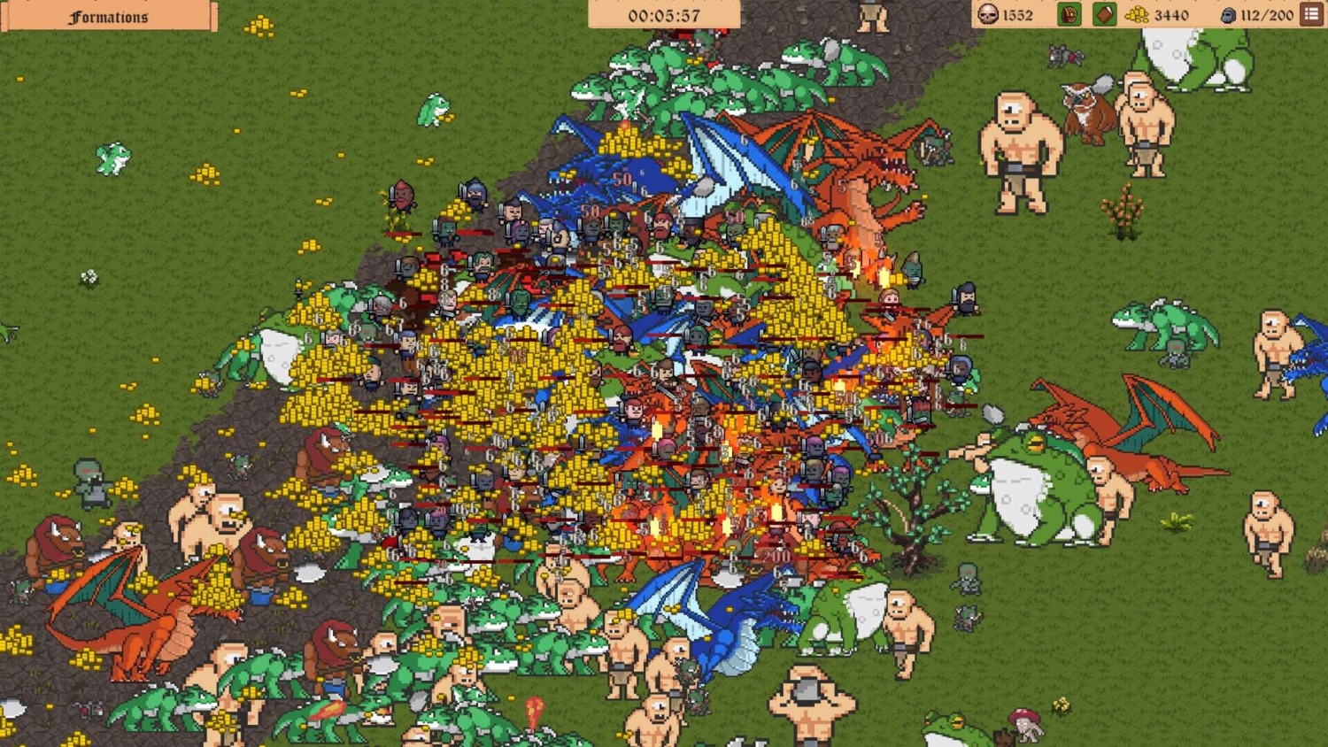 Crowded pixel art battle scene featuring mercenaries, dragons, large frogs, and various creatures on a grassy field