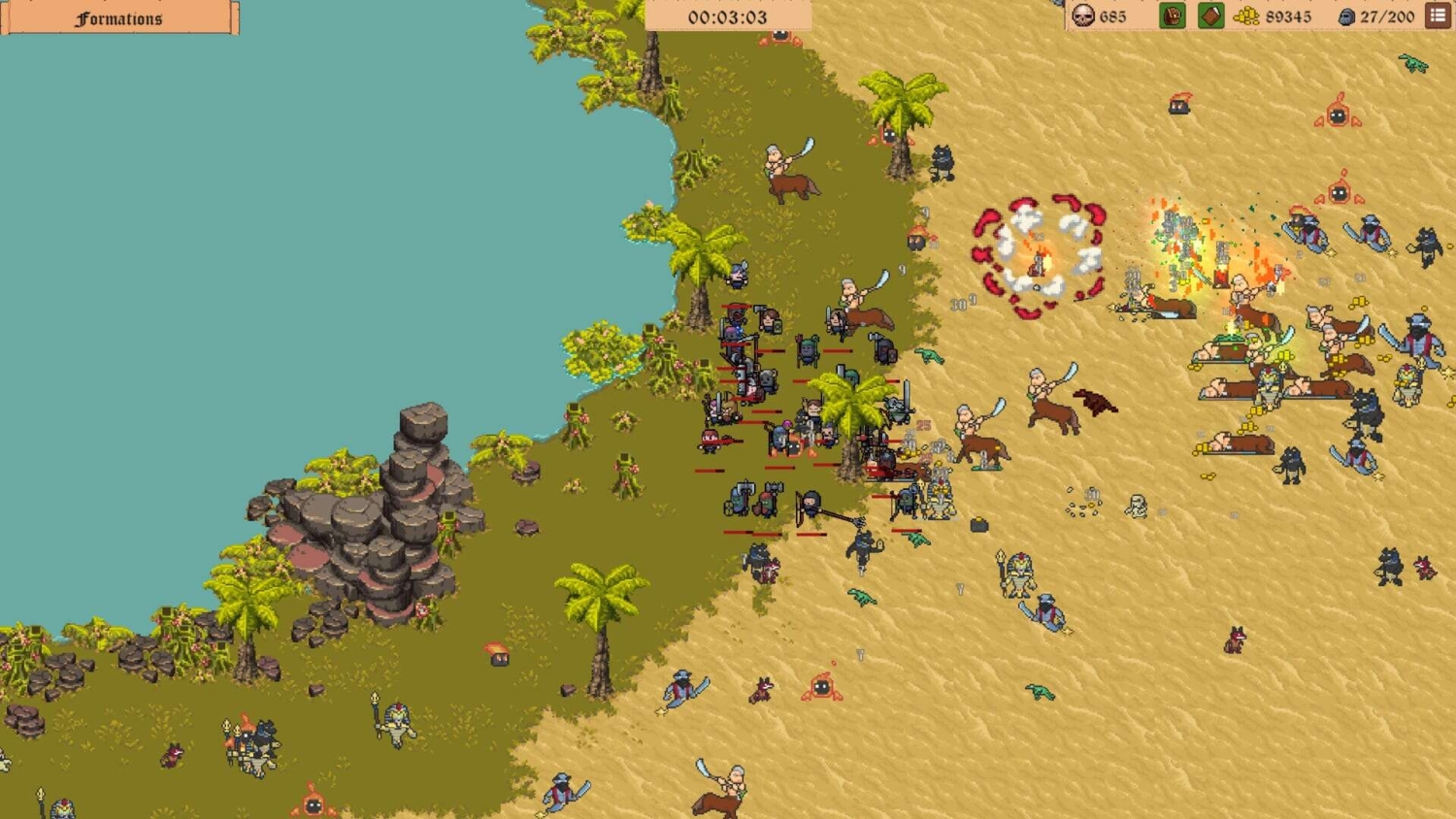 Top-down pixel art scene of mercenaries and enemies fighting on a sandy and grassy coastal area with palm trees and rocks