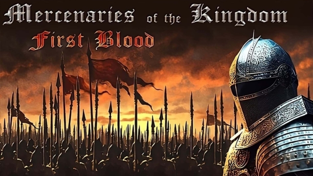 Knight in ornate medieval armour stands before a large army holding spears and flags at sunset