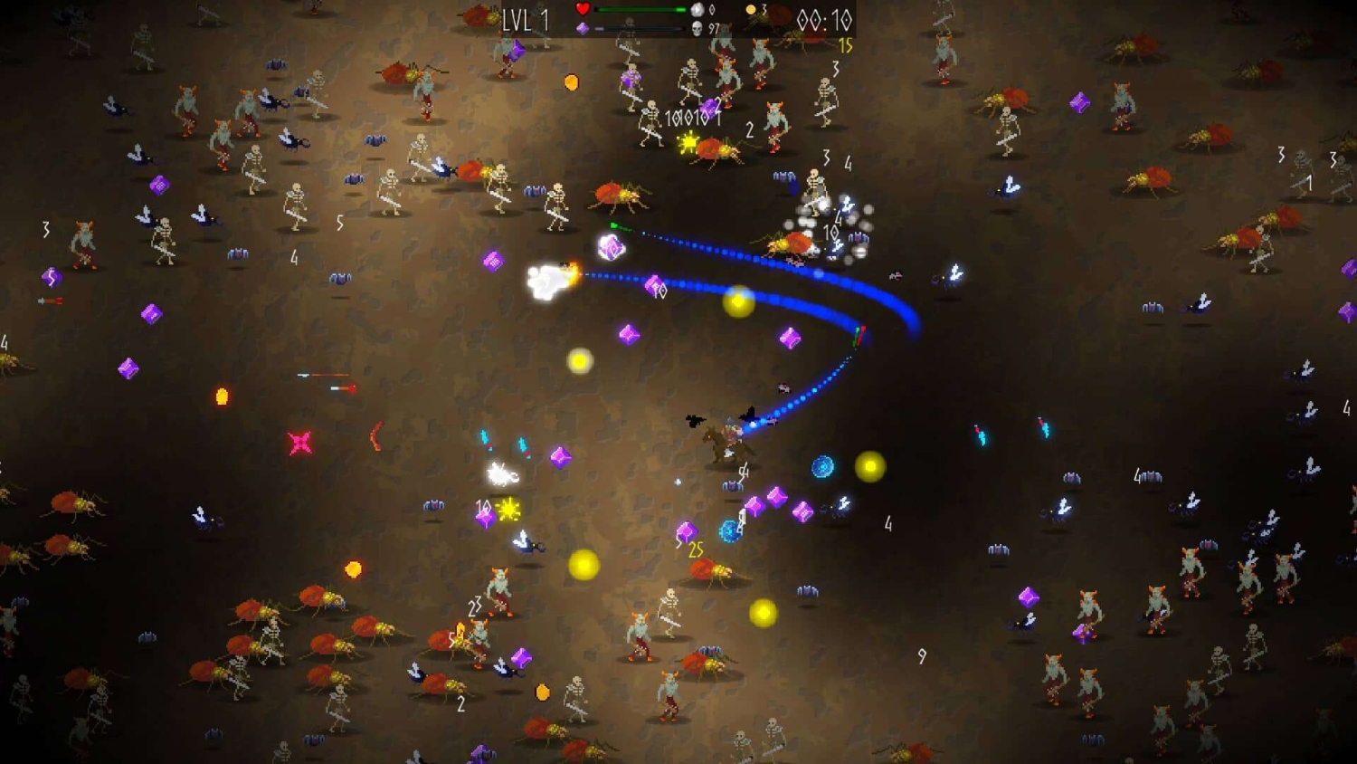 Top-down view of a player character fighting skeletons and spider-like insects with blue projectile attacks