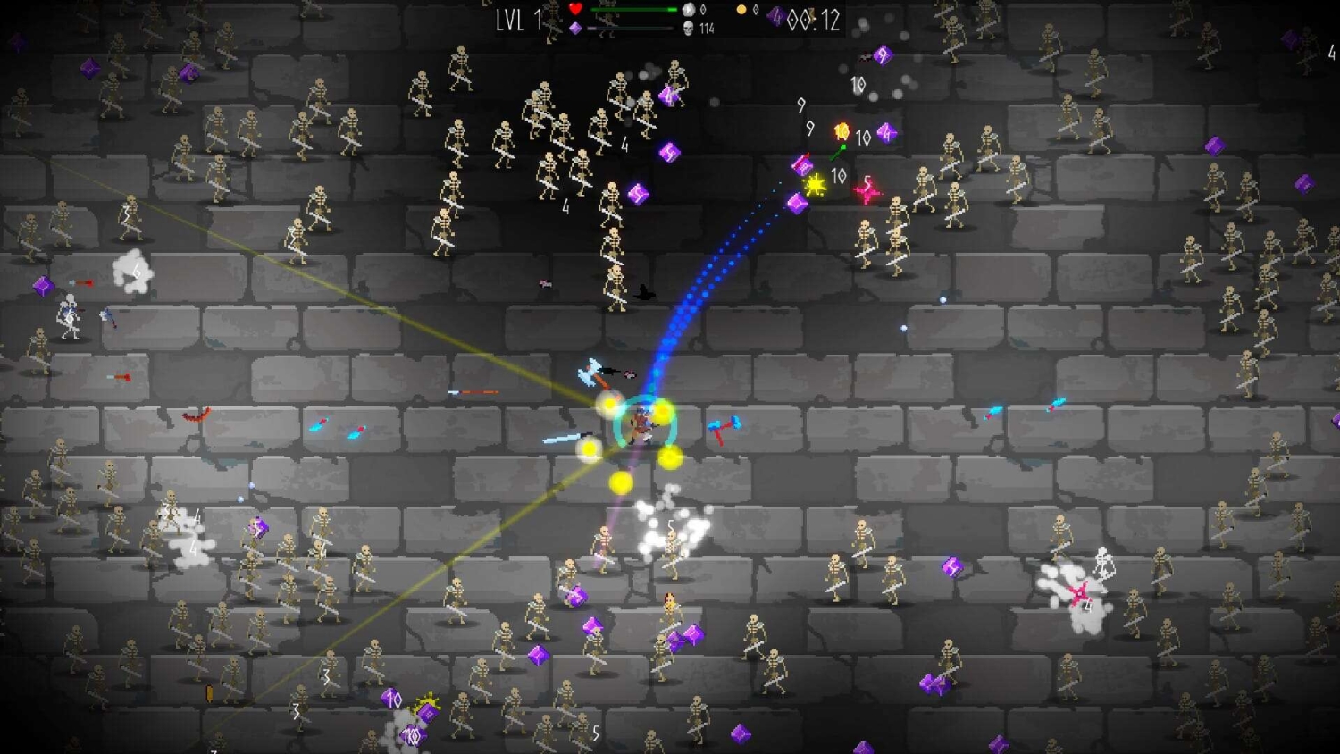 Top-down pixel art scene showing a character surrounded by numerous skeleton enemies and colourful projectiles