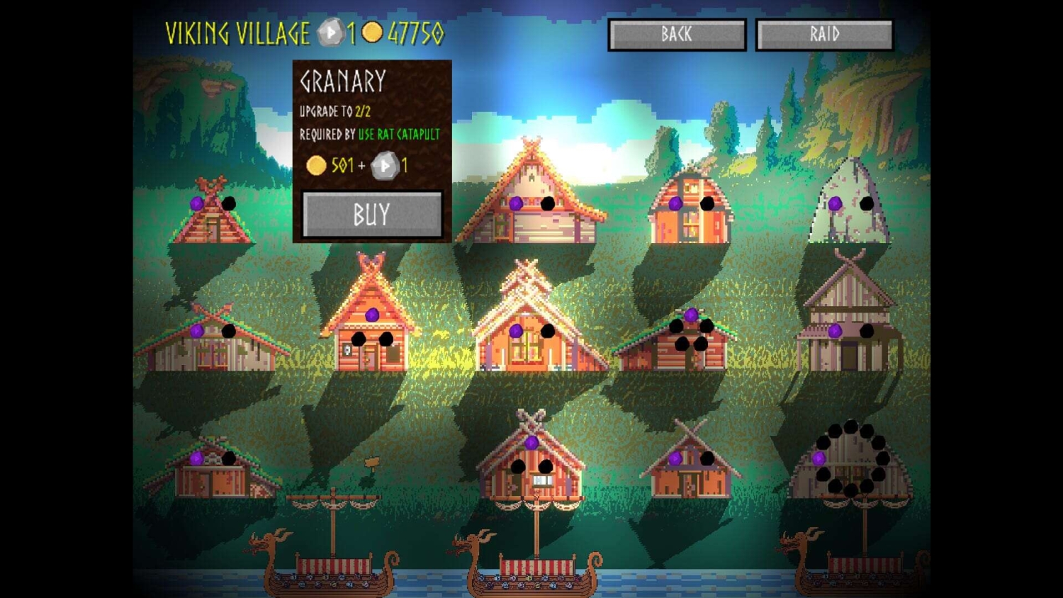 Pixel art Viking village with wooden houses, longships docked by water, and upgrade menu on screen