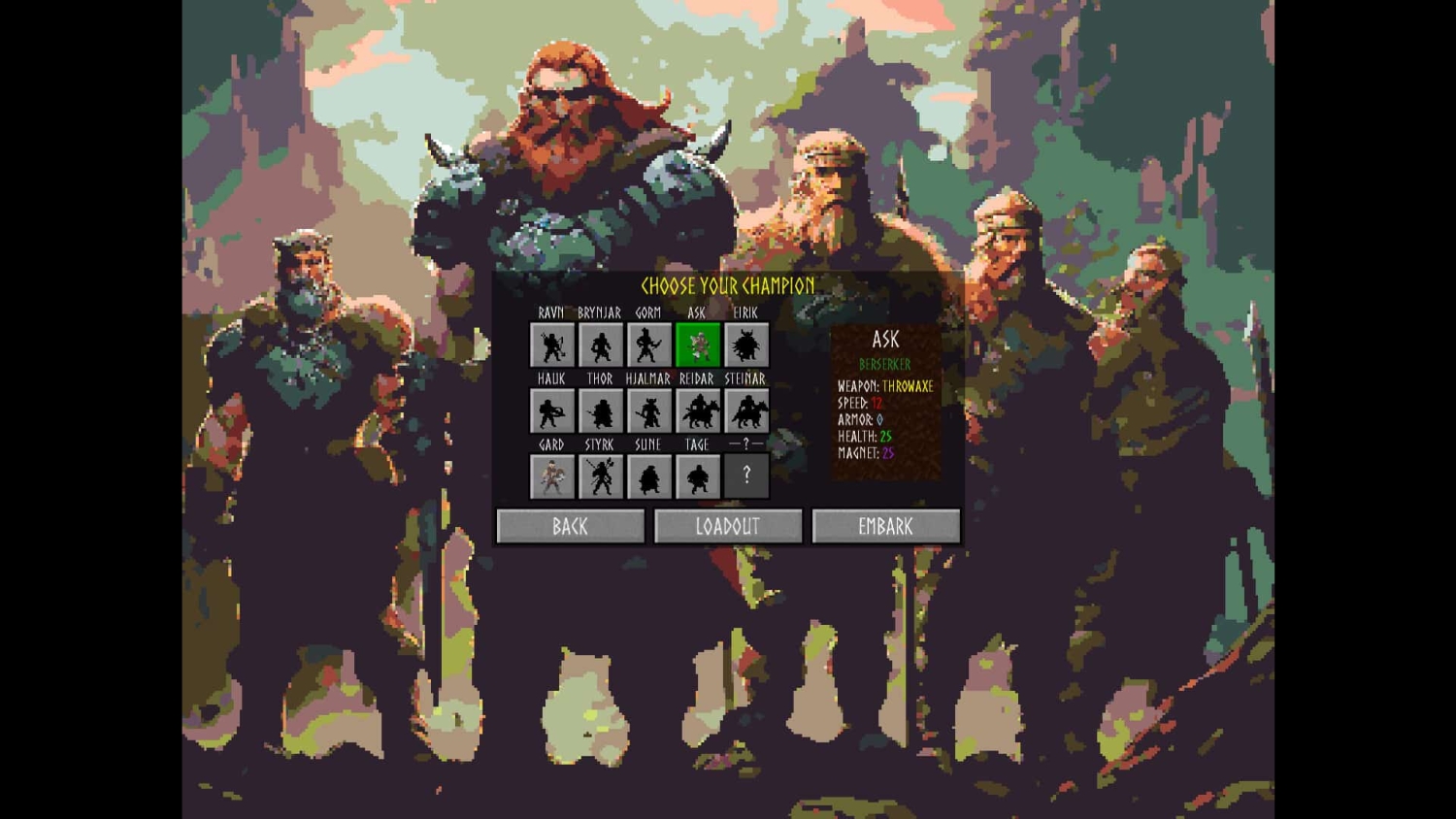 Pixel art screen showing Norse warriors and a champion selection grid with character stats