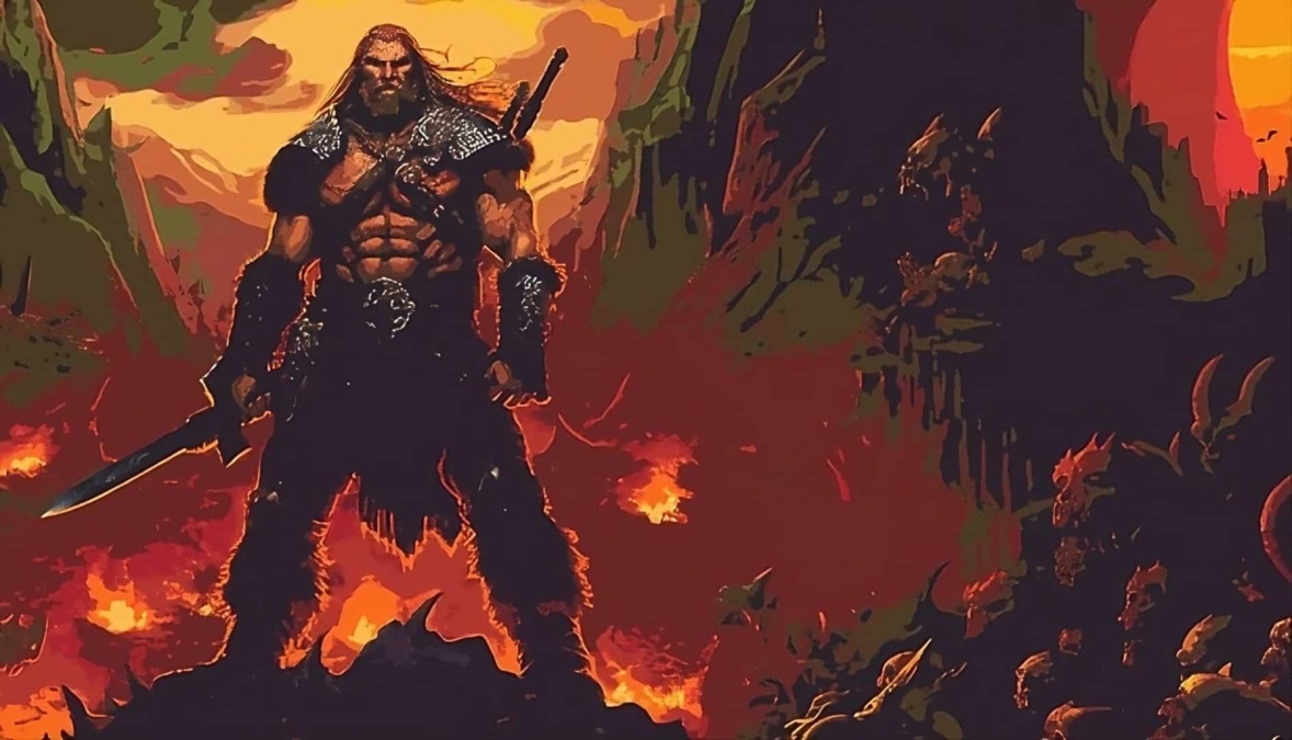 Muscular Viking warrior holding sword amidst fiery battlefield with dark creatures
