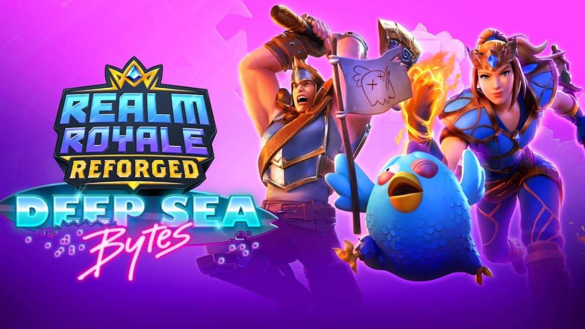 Two fantasy characters in armour and a blue bird mascot against a bright purple background with Realm Royale Reforged Deep Sea Bytes logo