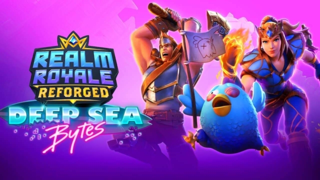 Two fantasy characters in armour and a blue bird mascot against a bright purple background with Realm Royale Reforged Deep Sea Bytes logo