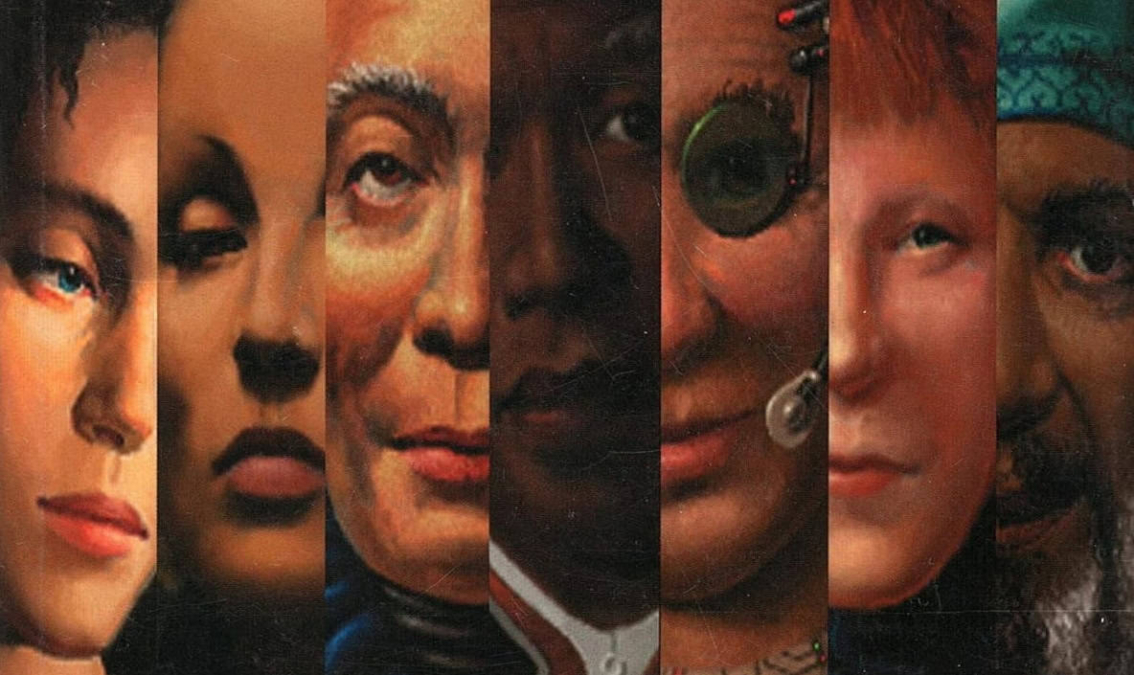 Seven vertical strips showing close-up painted faces of diverse characters with varied expressions and headgear
