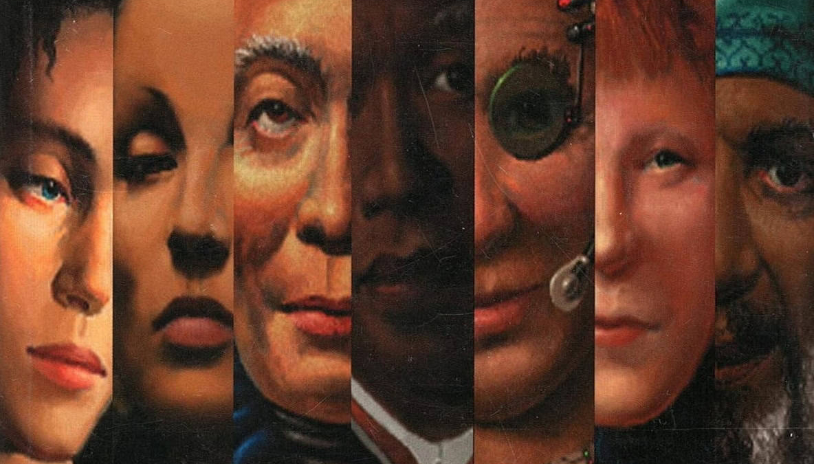 Seven vertical strips showing close-up painted faces of diverse characters with varied expressions and headgear