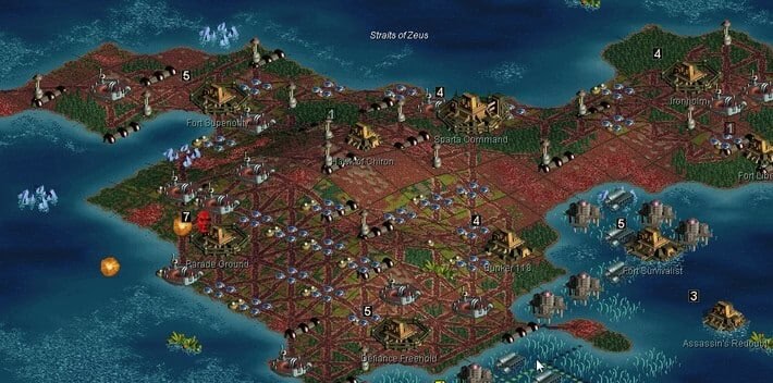 Isometric view of a futuristic strategy game map showing labelled bases, interconnected roads, and coastal terrain sectors