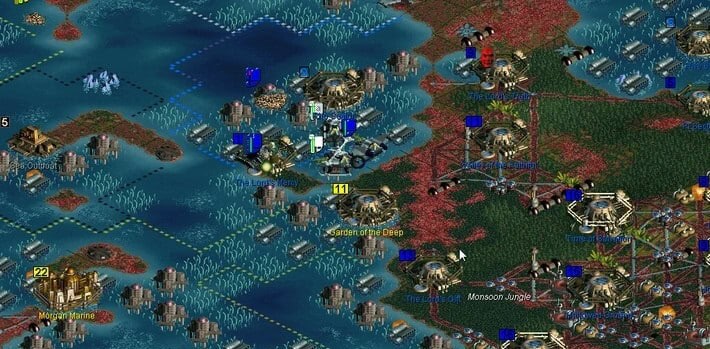 Tactical map in Sid Meier's Alpha Centauri displaying futuristic bases, terrain tiles, and labelled units in a strategic layout