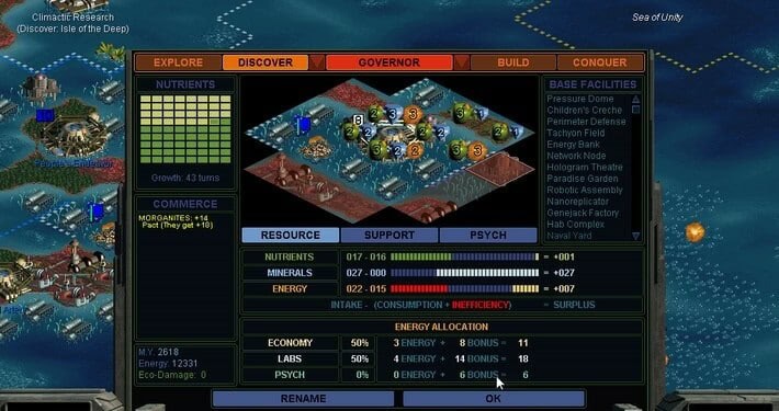 Strategy game interface showing island resources, energy allocation, and base facilities in Sid Meier's Alpha Centauri