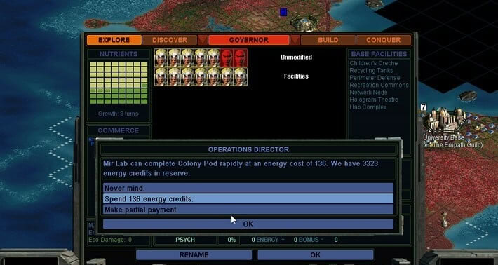 Game interface showing colony management screen with options to spend energy credits on Mir Lab in Sid Meier's Alpha Centauri