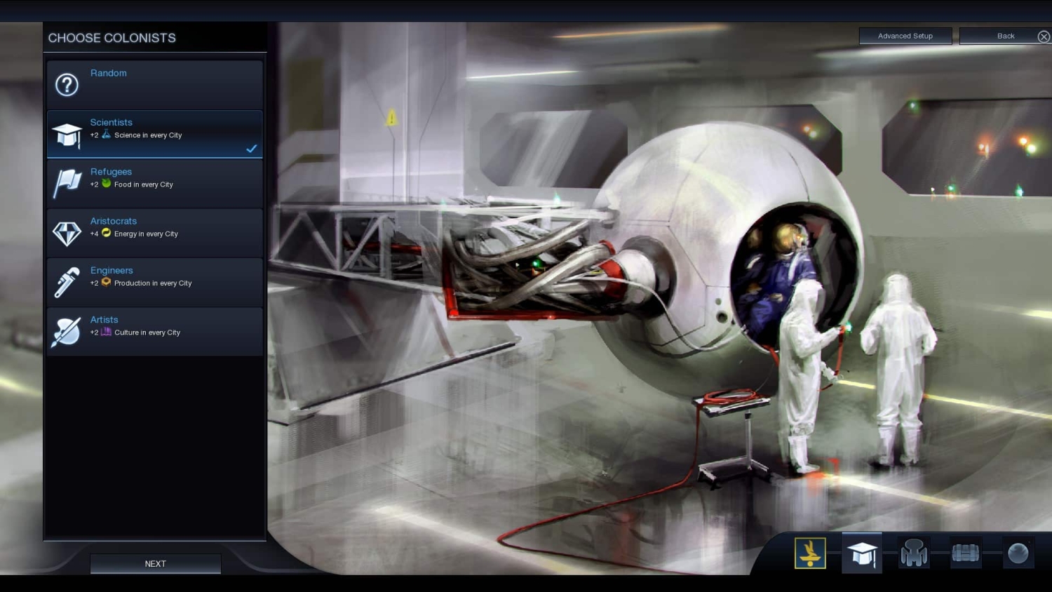 Game interface showing options to choose different colonist types such as Scientists, Refugees, Aristocrats, Engineers, and Artists with their city benefits