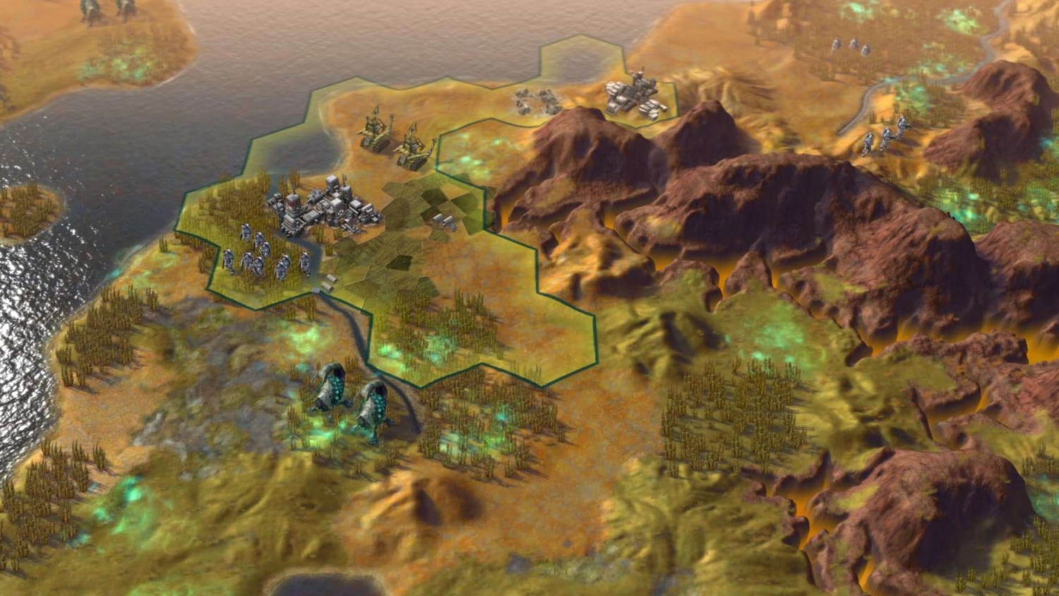 Hexagonal map with futuristic buildings, units, and varied terrain in a strategy game