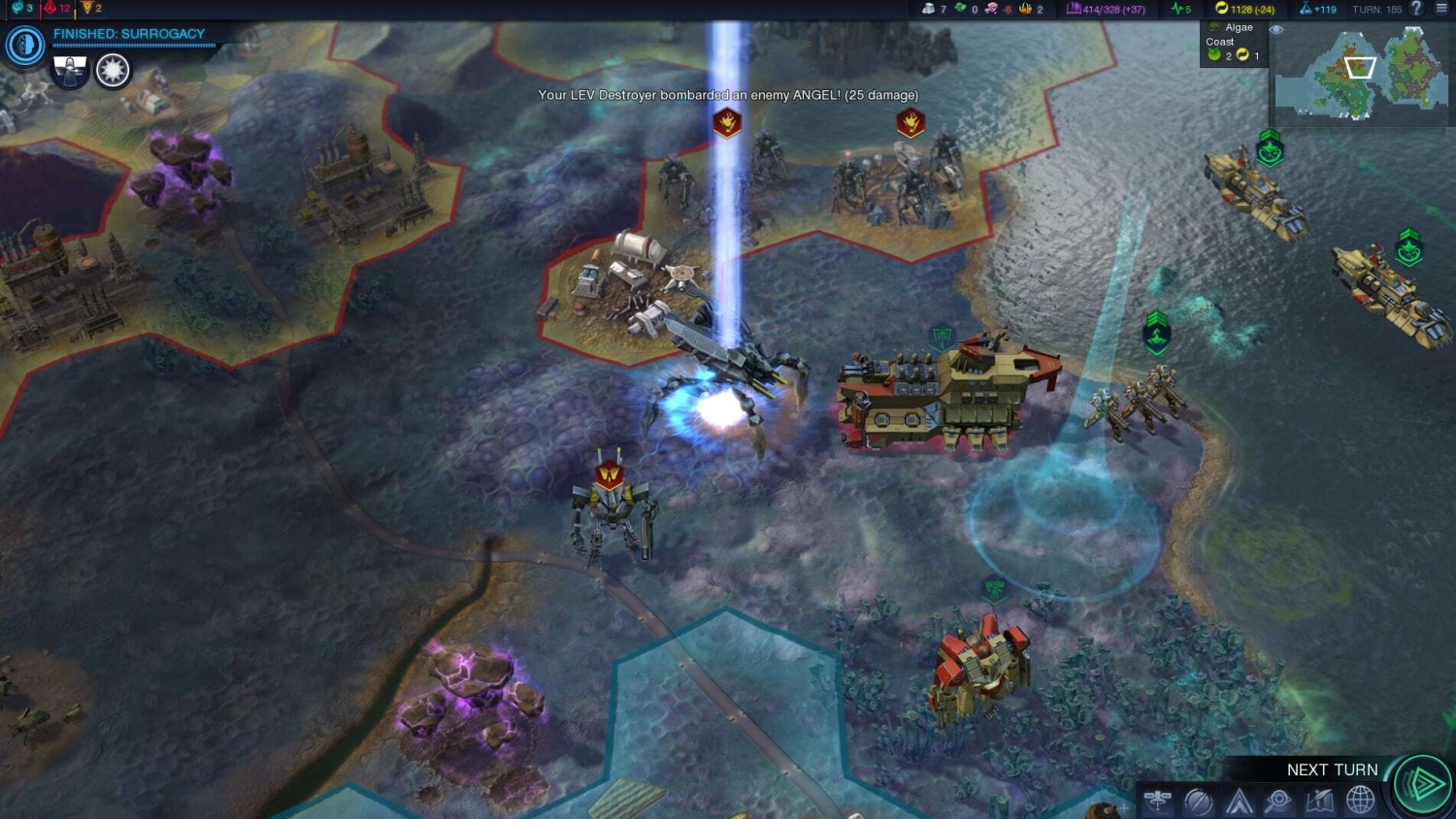 Mechanical units and ships engaged in combat on a hexagonal strategy game map with terrain and coast