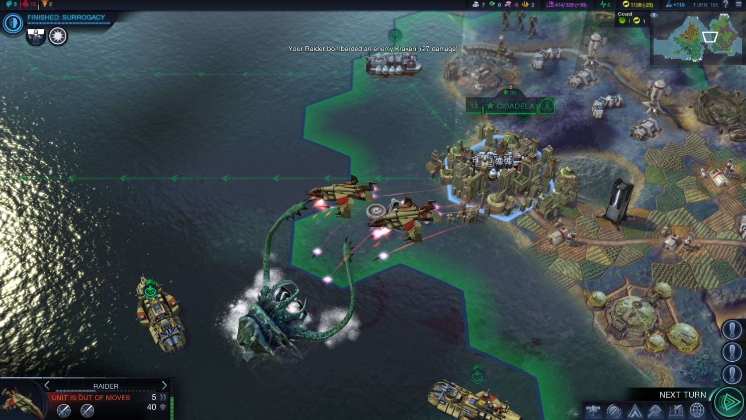 Two raider ships attacking a giant sea monster near a coastal futuristic city in a strategy game