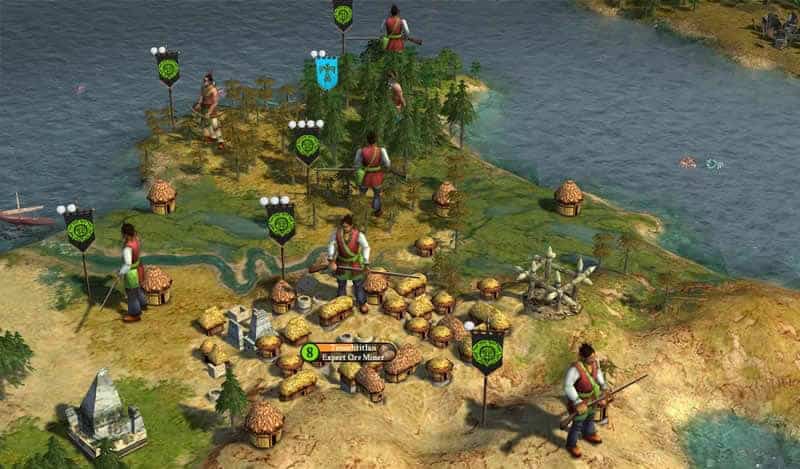 Civilization IV coastal gameplay Tactical view of units and buildings on a coastal map with water and land tiles in a strategy game