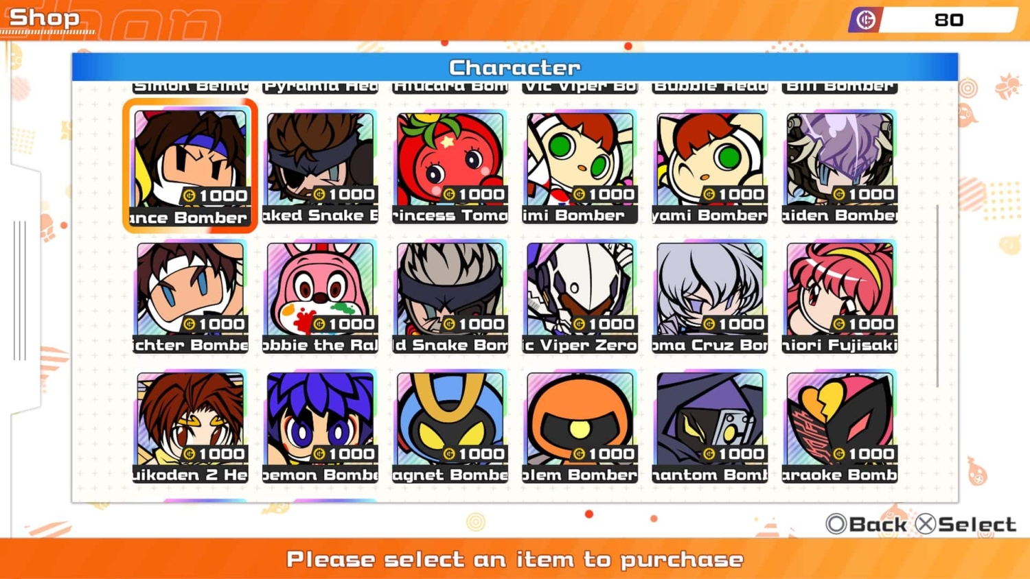 Video game shop menu displaying various character icons available to buy for 1000 in-game currency each