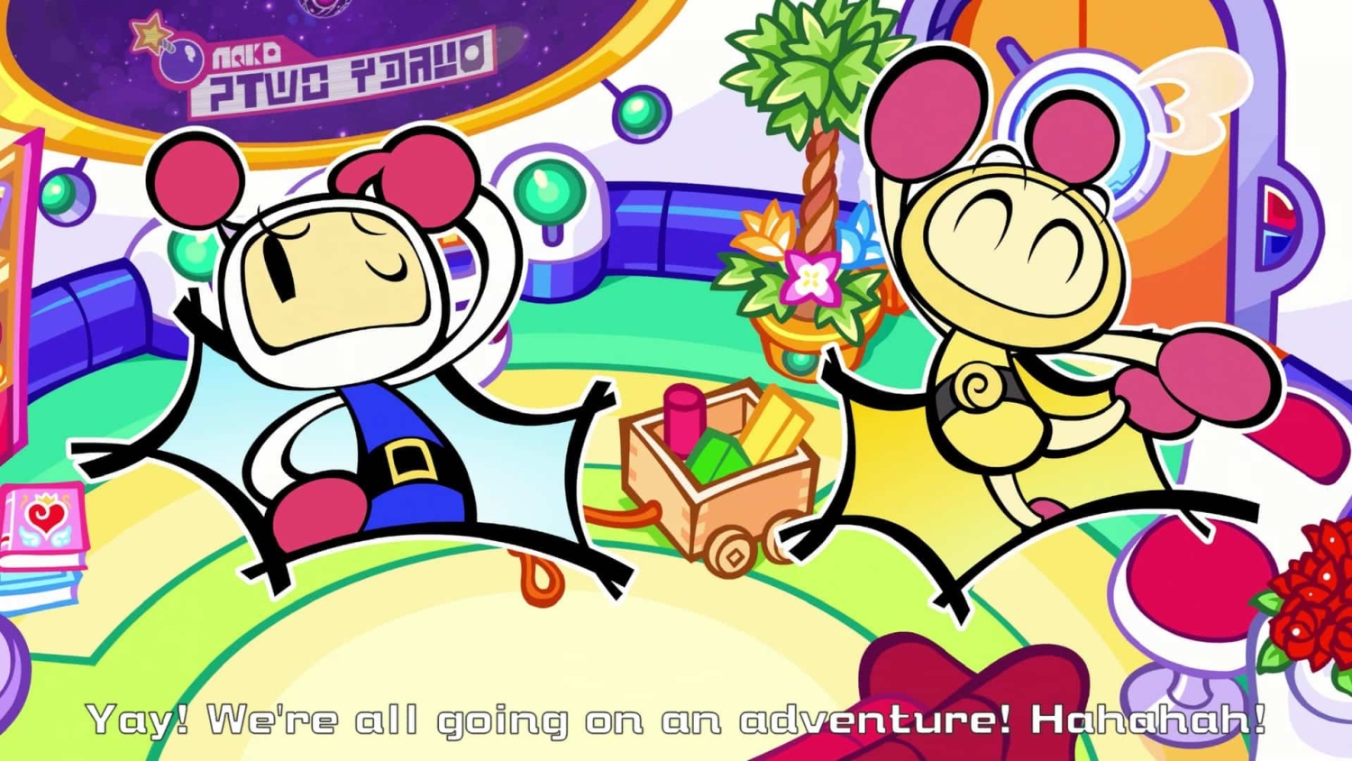 Two cartoon characters with big round ears smiling and sitting joyfully in a vibrant futuristic room with plants and toys