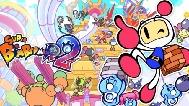 Colourful Super Bomberman R 2 game cover featuring cheerful white bomber character and vibrant background with bombs and game elements