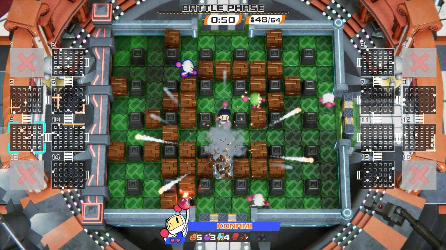 Bomberman characters in a top-down multiplayer maze battle with explosions and power-ups visible