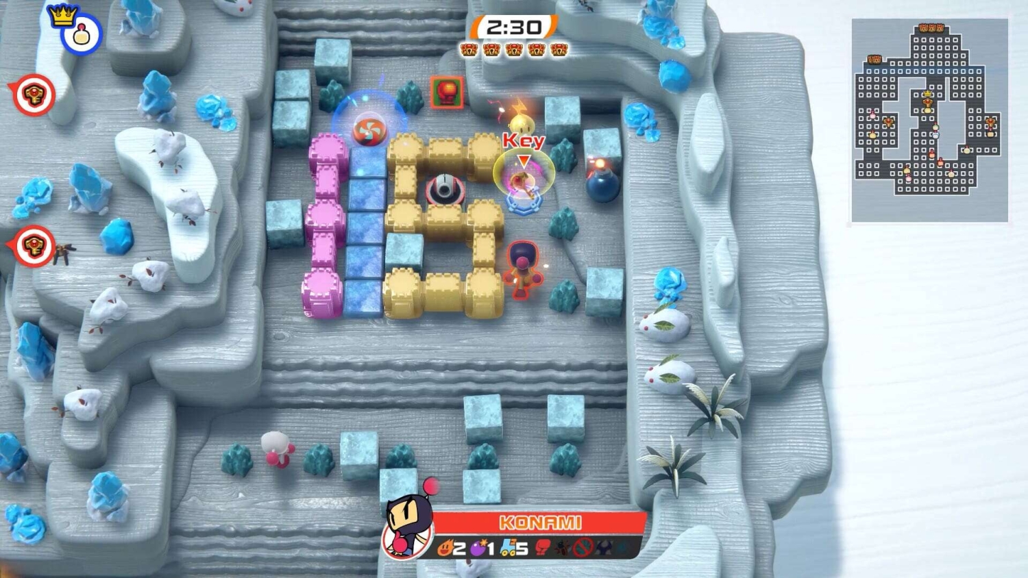 Top-down view of an icy game stage with Bomberman characters navigating blocks and collecting a key under a timer of 2 minutes 30 seconds