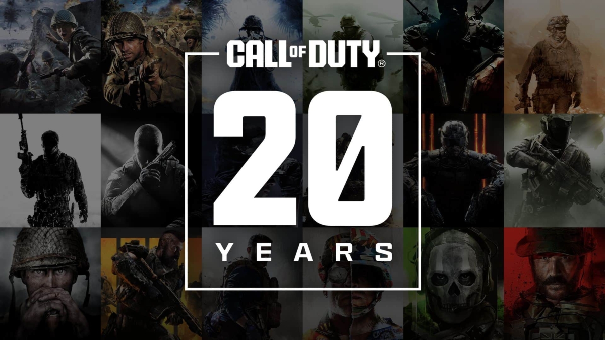 Collage of Call of Duty characters behind a white square with '20 Years' text