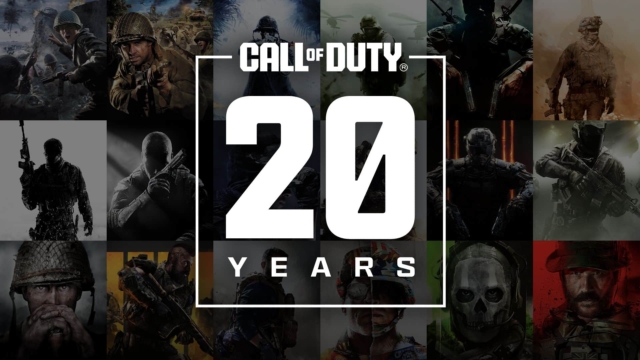Collage of Call of Duty characters behind a white square with '20 Years' text