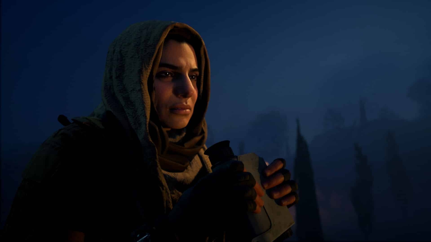 Person with a hooded cloak holding a canteen in blue dim light with a misty forest background