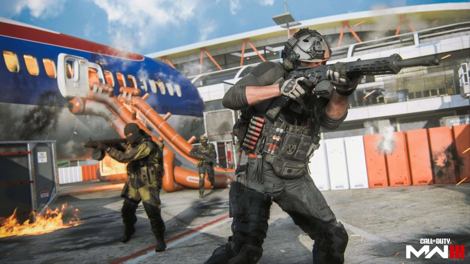 Three armed soldiers in tactical gear engaged in a firefight near a damaged passenger plane at an airport