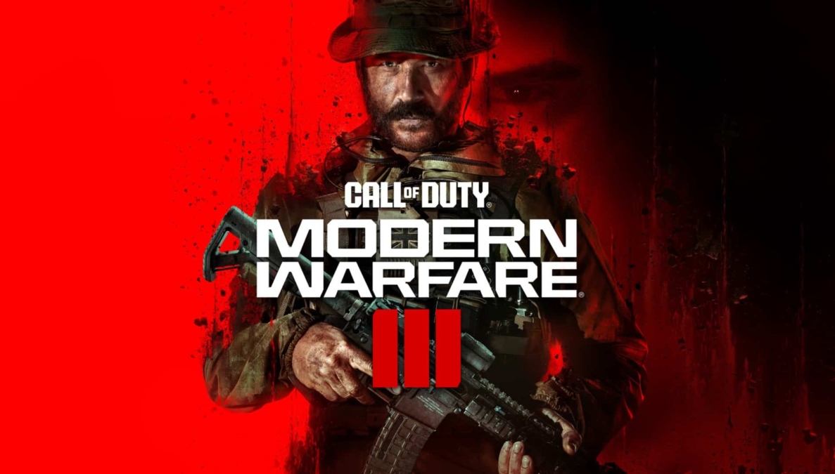 Soldier in camouflage gear holding assault rifle against vivid red and black background with Modern Warfare III logo