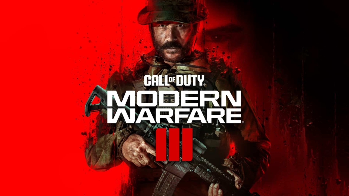 Soldier in camouflage gear holding assault rifle against vivid red and black background with Modern Warfare III logo