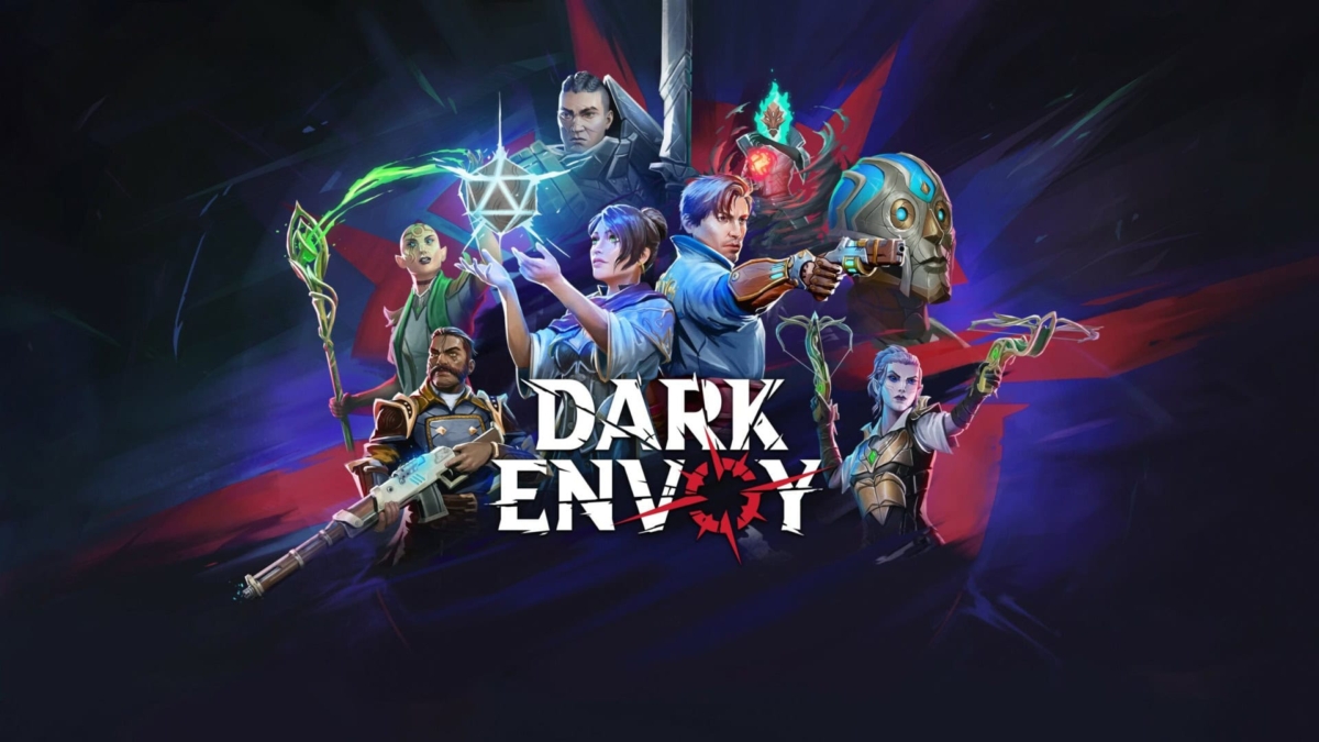 Illustration of seven diverse characters from the game Dark Envoy in dynamic poses against a dark background