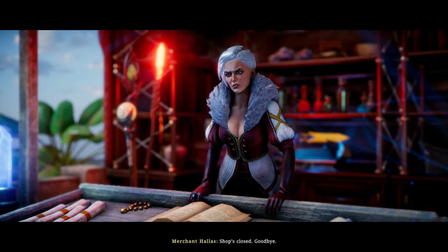 Woman with white hair and fur collar leaning on a counter inside a dimly lit shop with shelves in the background