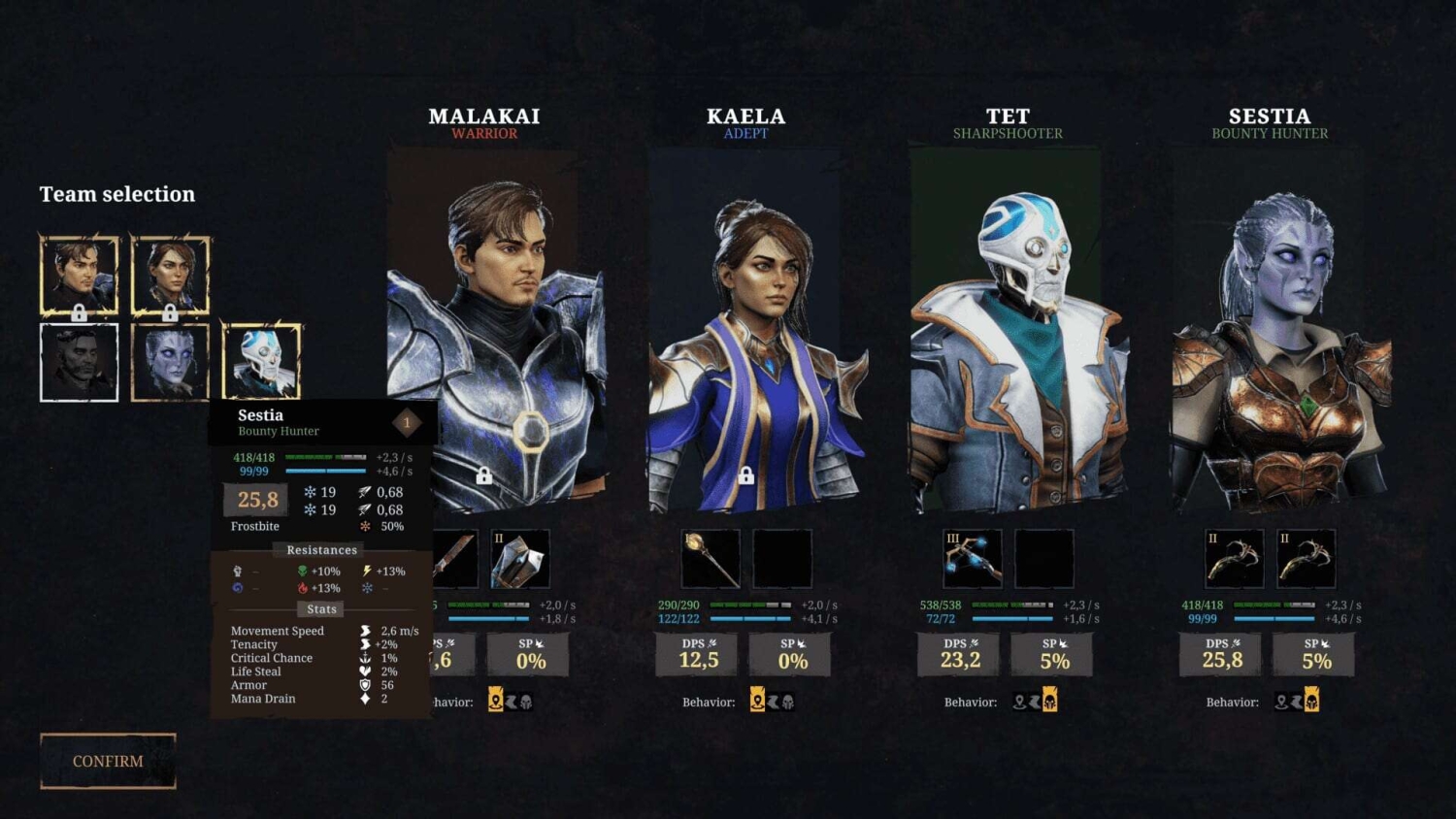 Team selection screen with four characters named Malakai, Kaela, Tet, and Sestia showing stats, roles, and equipped items